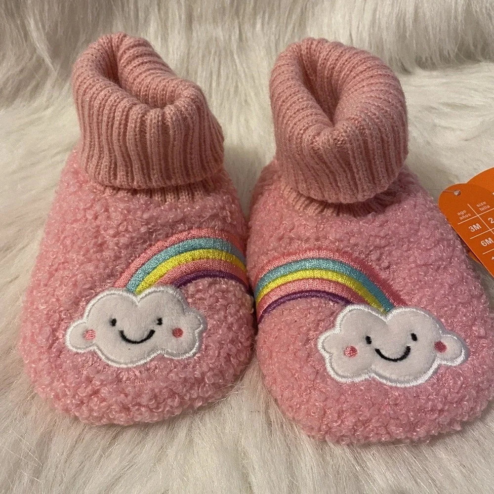 Wonder Nation Slippers Girls Size 6 Pink Fuzzy Rainbow Booties Shoes 18 Months
